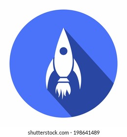 Rocket icon in flat style in a blue circle with a shadow conceptual of start ups or take off of a business or project or extraterrestrial travel