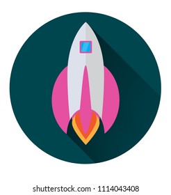 Rocket icon in flat style in a green circle with a long shadow conceptual