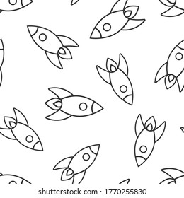 Rocket icon in flat style. Spaceship launch vector illustration on white isolated background. Sputnik seamless pattern business concept.