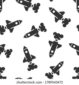 Rocket icon in flat style. Spaceship launch vector illustration on white isolated background. Sputnik seamless pattern business concept.