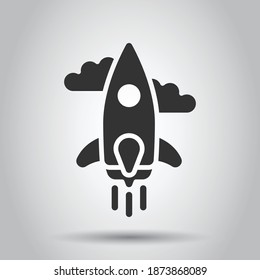 Rocket icon in flat style. Spaceship launch vector illustration on white isolated background. Sputnik  business concept.