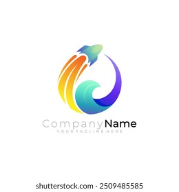 a rocket icon flying upwards and a circular wave logo
