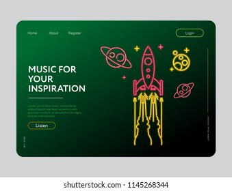 Rocket Icon and Galaxy Neon Light Glowing Vector Illustration web Design