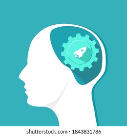 Rocket icon in the human head. Originality in the brain. Vector