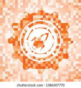 rocket icon inside abstract emblem, orange mosaic background