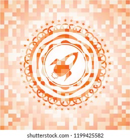 rocket icon inside abstract orange mosaic emblem