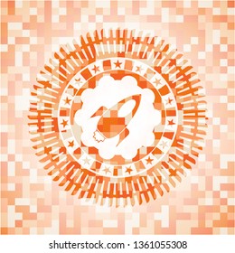 rocket icon inside abstract orange mosaic emblem with background