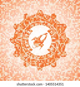 rocket icon inside abstract orange mosaic emblem with background