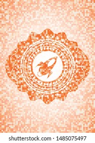 rocket icon inside abstract orange mosaic emblem