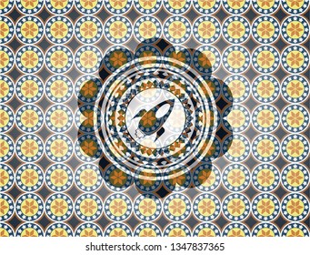 rocket icon inside arabesque badge background. arabic decoration.