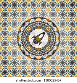 rocket icon inside arabesque emblem background. arabic decoration.