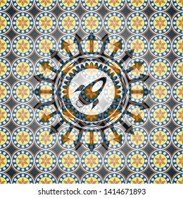 rocket icon inside arabesque emblem background. arabic decoration.
