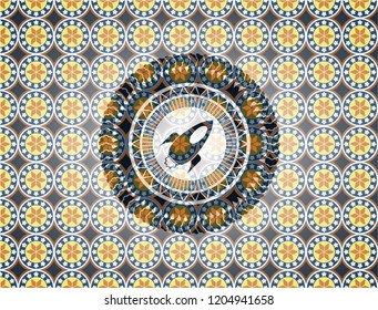 rocket icon inside arabic badge background. Arabesque decoration.