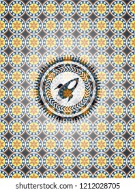 rocket icon inside arabic badge background. Arabesque decoration.