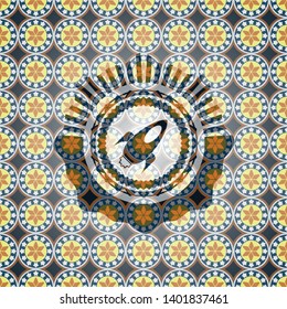 rocket icon inside arabic badge. Arabesque decoration.