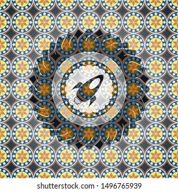 rocket icon inside arabic badge. Arabesque decoration.