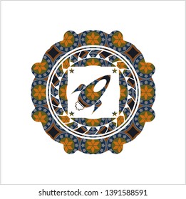 rocket icon inside arabic emblem background. Arabesque decoration.