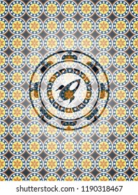 rocket icon inside arabic style badge. Arabesque decoration.