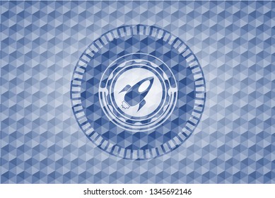 rocket icon inside blue badge with geometric pattern.