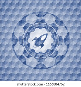 rocket icon inside blue emblem or badge with abstract geometric polygonal pattern background.