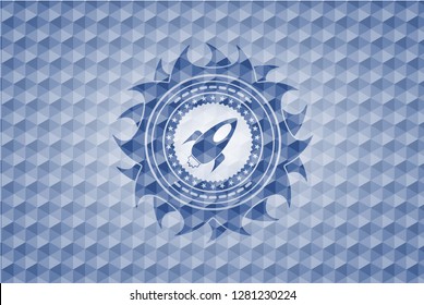 rocket icon inside blue emblem or badge with abstract geometric polygonal pattern background.