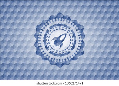 rocket icon inside blue emblem or badge with abstract geometric polygonal pattern background.