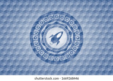 rocket icon inside blue emblem or badge with abstract geometric polygonal pattern background.