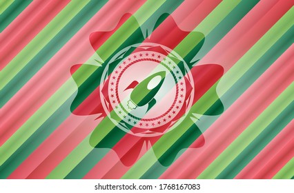 rocket icon inside christmas badge background. 