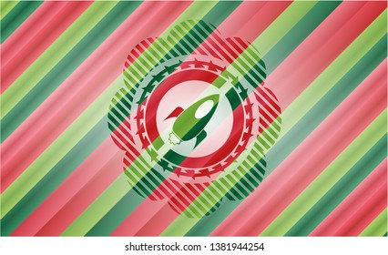 rocket icon inside christmas colors style badge.