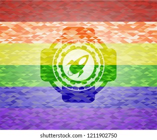 rocket icon inside emblem on mosaic background with the colors of the LGBT flag