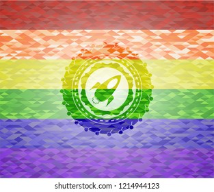rocket icon inside emblem on mosaic background with the colors of the LGBT flag