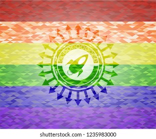 rocket icon inside emblem on mosaic background with the colors of the LGBT flag