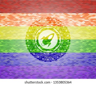 rocket icon inside emblem on mosaic background with the colors of the LGBT flag