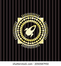 icono del cohete dentro del emblema de oro o la placa. 