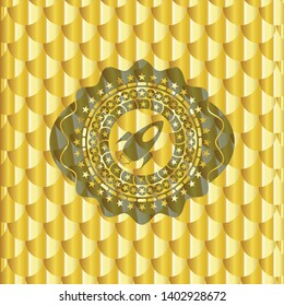 rocket icon inside gold shiny badge. Scales pattern. Vector Illustration. Detailed.