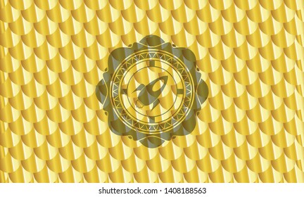 rocket icon inside gold shiny emblem. Scales pattern. Vector Illustration. Detailed.
