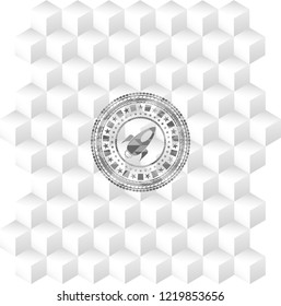 rocket icon inside grey badge with geometric cube white background