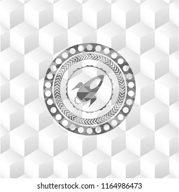 rocket icon inside grey emblem. Vintage with geometric cube white background