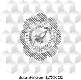 rocket icon inside grey emblem. Vintage with geometric cube white background