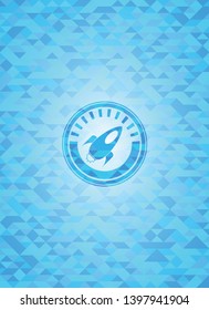 rocket icon inside light blue emblem with mosaic ecological style background