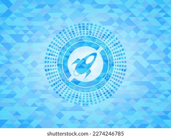 rocket icon inside light blue emblem with mosaic background. 