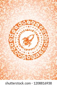 rocket icon inside orange mosaic emblem with background
