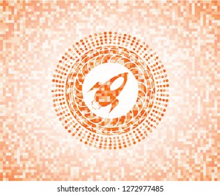 rocket icon inside orange mosaic emblem with background
