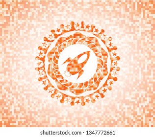rocket icon inside orange mosaic emblem with background