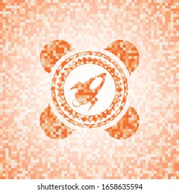 rocket icon inside orange mosaic emblem with background