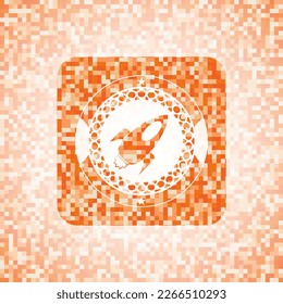rocket icon inside orange tile background illustration. Square geometric mosaic seamless pattern with emblem inside. 