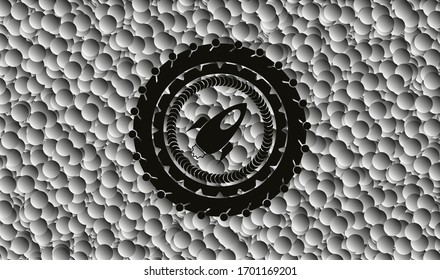 rocket icon inside realistic dark emblem with bubbles background. Vector Illustration. Detailed.