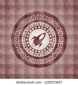 rocket icon inside red emblem with geometric pattern. Seamless.