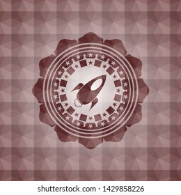rocket icon inside red emblem with geometric pattern background. Seamless.