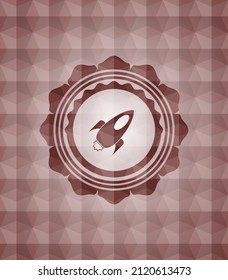 rocket icon inside red emblem with geometric background. Seamless. 